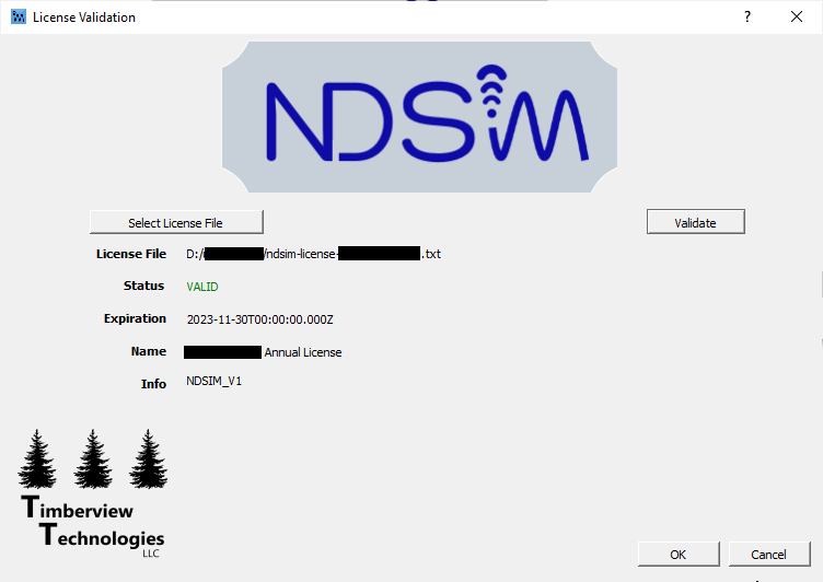 NDSim license dialog