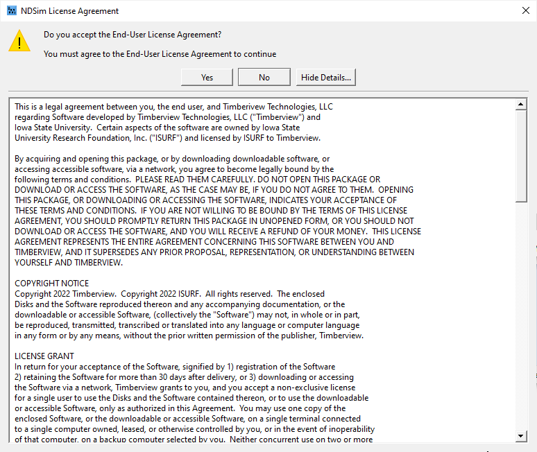 NDSim license agreement dialog